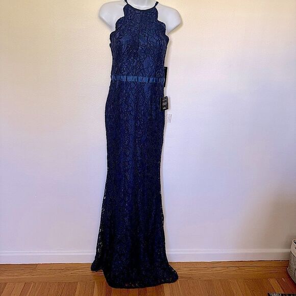 Lulu's Zenith Navy Blue Lace Sleeveless 
Halter Maxi Dress NWT size Large - Picture 4 of 16